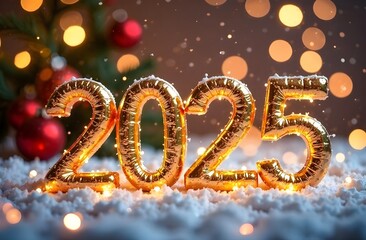 2025 new year celebration, golden numbers 2025 with snowflakes christmas tree in the background
