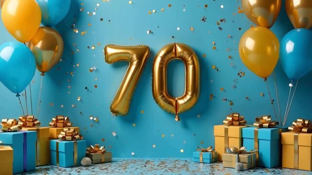 A blue and gold 70th birthday anniversary celebration with balloons and confetti	

