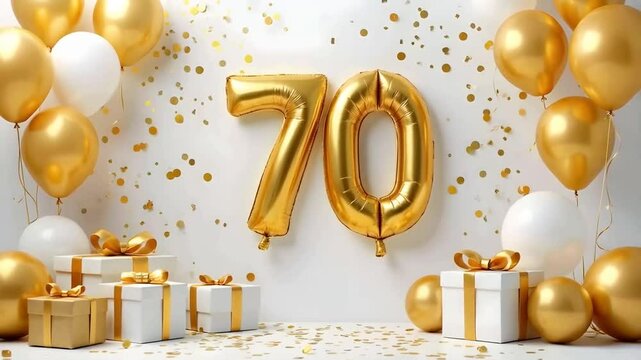 A white and gold 70th birthday anniversary celebration with balloons and confetti	
