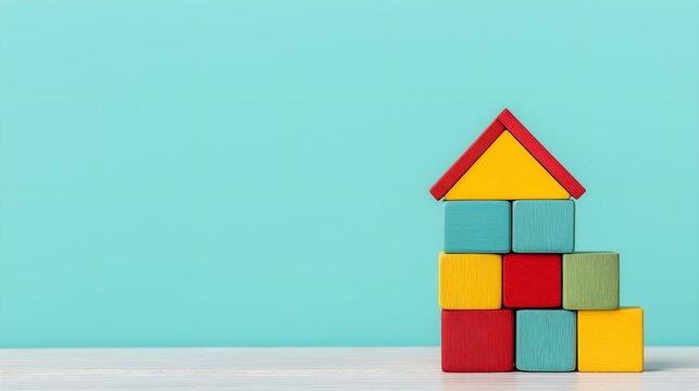 A colorful arrangement of building blocks styled as a house against a mint green background. Ideal for educational materials or decoration in playful spaces.