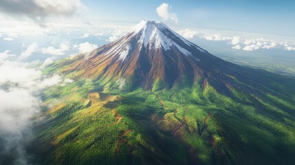 Fototapeta premium A detailed aerial view of Mount Fuji, with vibrant green forests and winding trails at its base under a clear sky.