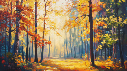 Obraz premium Golden morning light shines through tall trees in an autumn forest, highlighting colorful leaves