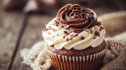 A detailed chocolate rose atop a creamy cupcake, perfect for high-end dessert photography