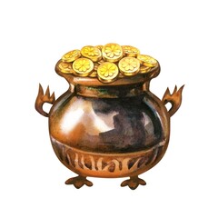 Vintage pot with leprechaun gold coins and four leaf clover for St. Patrick's Day watercolor template. Decorative elements for holiday print design: invitations, cards, borders, banners