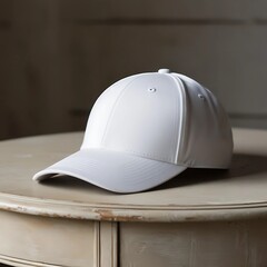 White cap placed on a round table in a softly lit room featuring minimalist decor