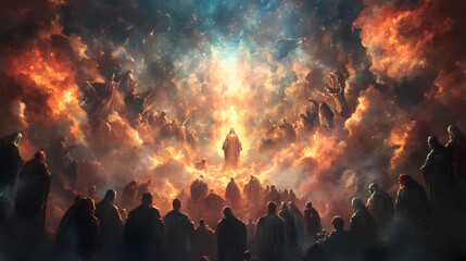 Celestial court convened, with saints and sinners alike facing the divine tribunal of justice, judgment day, doomsday, god is judging,. Omniscient. Illustration