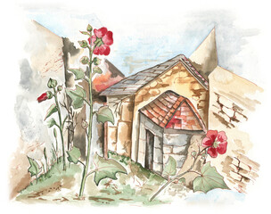 Watercolor painting of an antique stone cottage surrounded by flowers. Modern retro illustration, French Provence style landscape. For art prints, postcards, travel books and more
