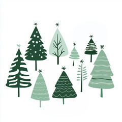 Fototapeta premium Square minimalist illustration of several Christmas trees on a white background, New year or Christmas concept for postcard, varying shapes and sizes
