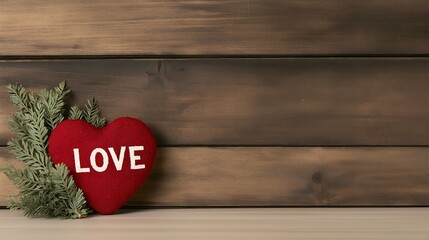 A decorative red heart with the word 'LOVE' prominently displayed on a wooden background, accompanied by a sprig of green foliage. Perfect for romantic or emotional themes.
