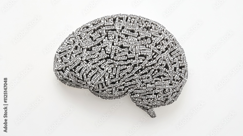 Fototapete a creative representation of a human brain formed from various words and phrases, featuring an area 