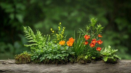 forestry industry concept. Lush greenery and vibrant flowers growing on a log in a natural setting.