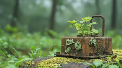 forestry industry concept. A rusty object with plants growing on it, set against a lush green forest background.