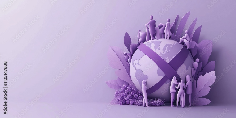 Poster global unity and support: a 3d render of people gathering around the earth with a purple ribbon repr