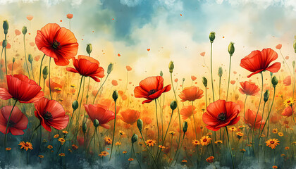 Obraz premium Vibrant watercolor illustration of poppies in a field 