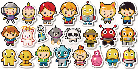 Single sheet of stickers vector containing 20 cartoons