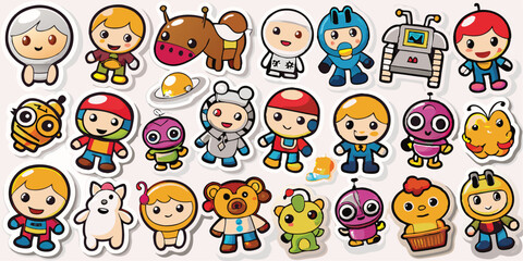 Naklejka premium Single sheet of stickers vector containing twenty unique cartoons.