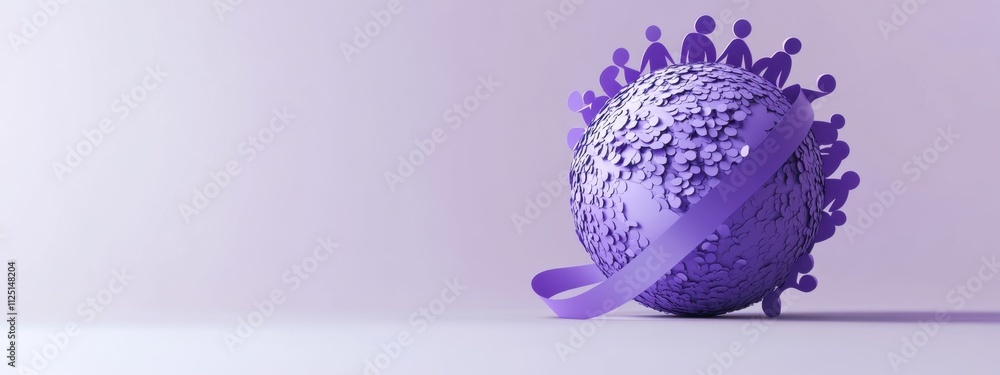 Poster global unity and support: a 3d render of interconnected people embracing a purple globe with ribbon