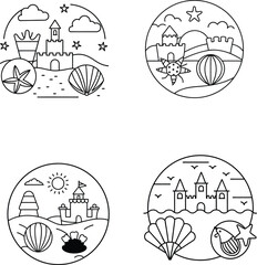 A Beach Scene With Seashells and Sandcastles Line Art Vector.