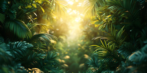 A vibrant, lush green forest filled with an abundance of leaves. The sun is shining brightly through the trees, casting a warm glow on the foliage. The scene is peaceful and serene