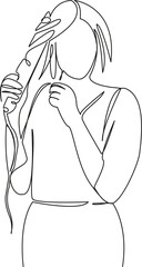 One continuous single drawing line art flat doodle girl woman styling hair curling it with curling iron, beauty, care. Isolated image hand draw contour on a white background, hand drawn, not AI
