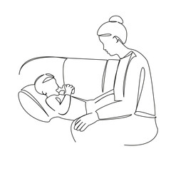 One continuous single drawing line art flat doodle mother treats her child, inhalations, breathe, bronchitis, cold, virus,. Isolated image hand draw contour on a white background, hand drawn, not AI