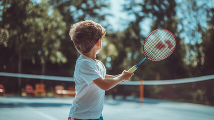 Young Boy Playing Tennis at Outdoor Court with Bright Sunshine and Lush Green Trees in the Background Capturing a Joyful Moment of Childhood Sports Activity