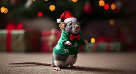 Adorable Festive Mouse in Christmas Sweater, Santa Hat, and Red Bowtie with Snowflake Pattern