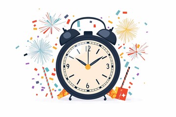 Festive Celebration with Alarm Clock and Colorful Fireworks Background