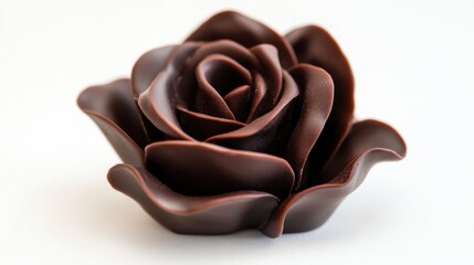 A luscious chocolate rose with lifelike petals, rich textures, and a glossy finish on a clean white background, perfect for elegant designs