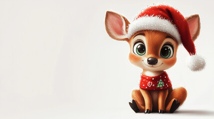 Fototapeta premium Cartoon Deer with Santa Hat - Perfect for Christmas Cards and Festive Designs