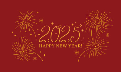 Happy 2025 new year banner with fireworks. Vector elegant hand drawn calligraphy lettering and line illustration. Holiday greeting card template