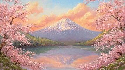 A peaceful lake reflecting Mount Fuji, framed by delicate cherry blossoms under a vibrant morning sky.