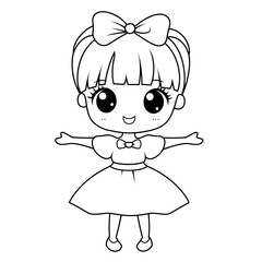 Doll girl with big eyes, simple and easy coloring book for kids, cartoon style.