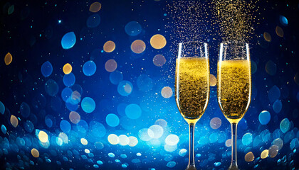 New Year Cheers Sparkling Goblets with Golden Glitter on Blue Abstract Background