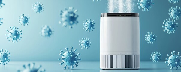 A sleek air purifier surrounded by floating virus particles, symbolizing its effectiveness in maintaining clean air and combating airborne pathogens.