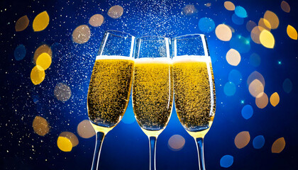 New Year Cheers Sparkling Goblets with Golden Glitter on Blue Abstract Background