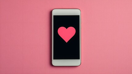 A modern smartphone displays a bold pink heart on a sleek black background, set against a vibrant pink surface, symbolizing love and connection in digital communication.