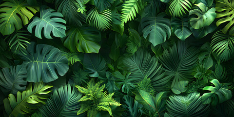 A vibrant, lush green forest filled with an abundance of leaves. The sun is shining brightly through the trees, casting a warm glow on the foliage. The scene is peaceful and serene