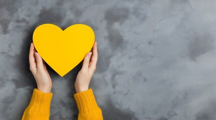 A pair of hands holding a bright yellow heart on a textured gray background, symbolizing love, warmth, and positivity. Ideal for concepts of affection, friendship, and joy.