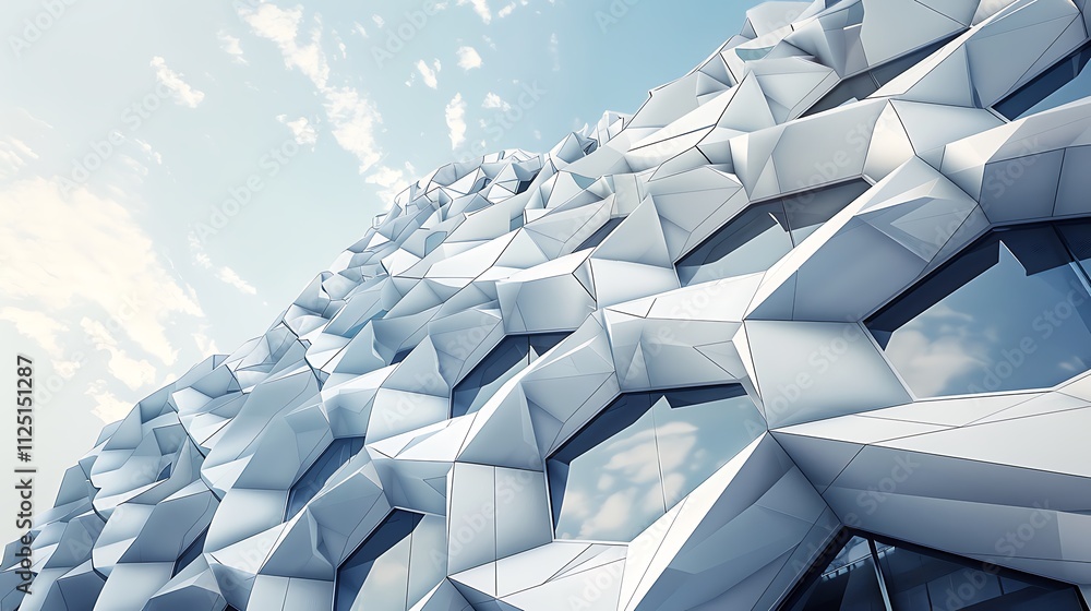 Poster an abstract design of a building with a facade made of interlocking, hexagonal shapes that create a 