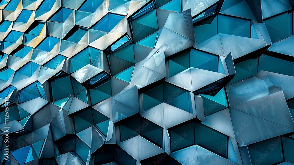 Poster an abstract design of a building with a facade made of interlocking, hexagonal shapes that create a 
