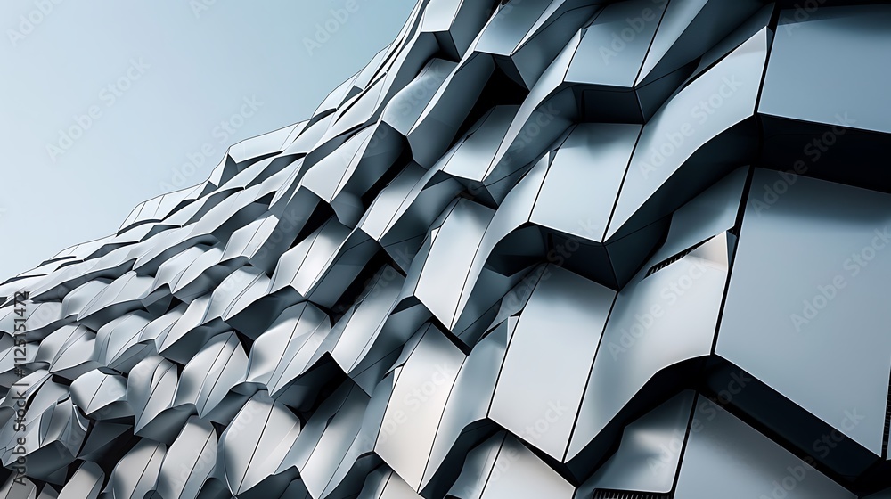 Poster an abstract design of a building with a facade made of interlocking, hexagonal shapes that create a 