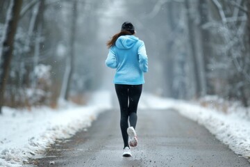 Fit woman enjoys a refreshing jog along a snowy path in a peaceful winter park. Snowflakes gently fall as she embraces the chilly weather while staying active outdoors.