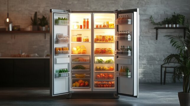 Fully stocked refrigerator with fresh produce and beverages in modern kitchen.
