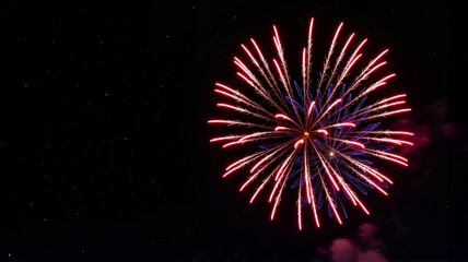Vibrant red and purple fireworks exploding against night sky