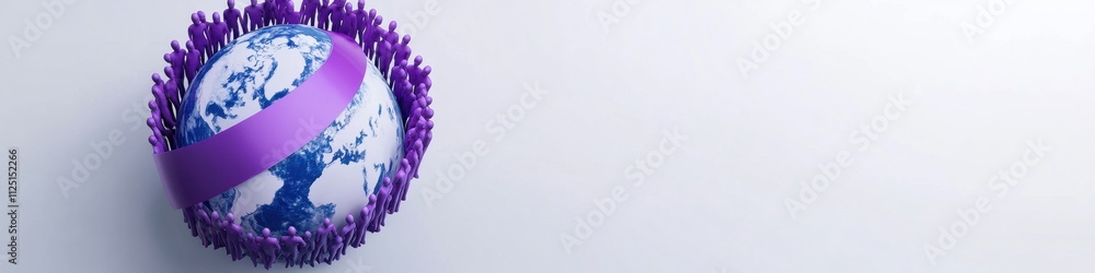 Aufkleber global unity concept: purple ribbon encircling earth with miniature figures representing worldwide c
