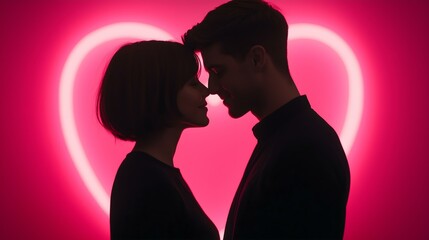 A romantic silhouette of a couple sharing a tender moment against a vibrant pink heart backdrop, symbolizing love and connection in an artistic way.