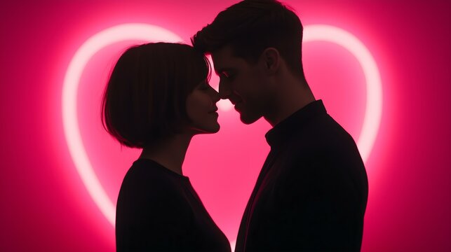 A romantic silhouette of a couple sharing a tender moment against a vibrant pink heart backdrop, symbolizing love and connection in an artistic way.