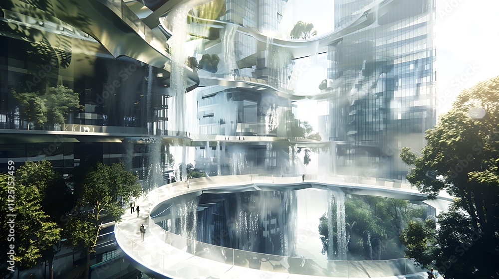 Poster an abstract skyscraper with a cascading waterfall facade and intertwined spiral staircases visible t