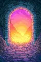 Pixel Art Enchanted cave magical sunset portal illuminating ancient stones in a fantasy landscape, Dungeon